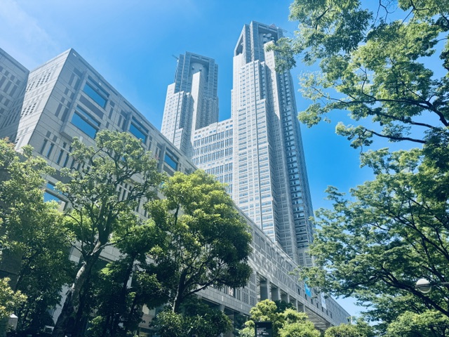 木漏れ日の中の東京都庁の外観