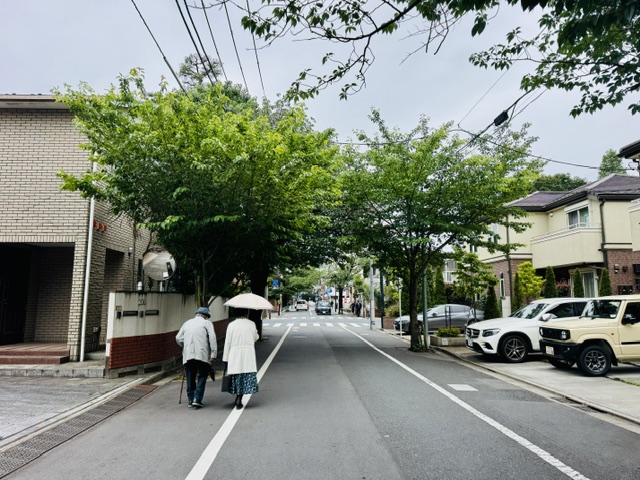 成城の閑静な住宅街を歩く高齢者夫婦