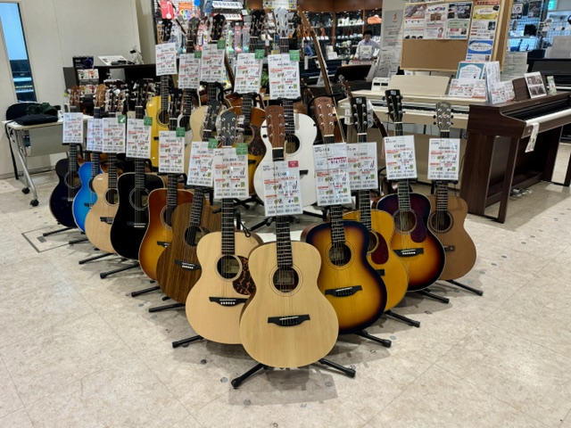 島村楽器でアコースティックギターを展示販売している様子